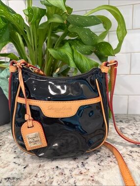 Dooney & Bourke Black Patent Crossbody with Tan Trim